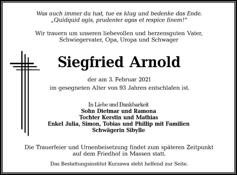  Traueranzeige für Siegfried Arnold vom 13.02.2021 aus lausitzer_rundschau