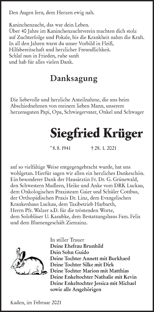  Traueranzeige für Siegfried Krüger vom 20.02.2021 aus lausitzer_rundschau