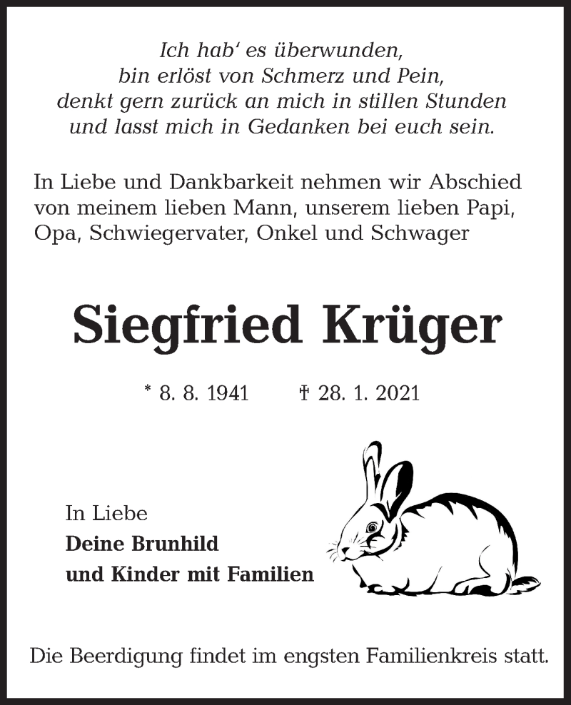  Traueranzeige für Siegfried Krüger vom 06.02.2021 aus lausitzer_rundschau