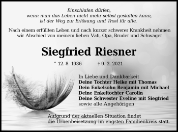 Traueranzeige von Siegfried Riesner von lausitzer_rundschau