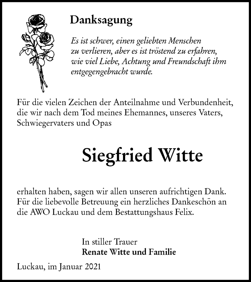  Traueranzeige für Siegfried Witte vom 06.02.2021 aus lausitzer_rundschau