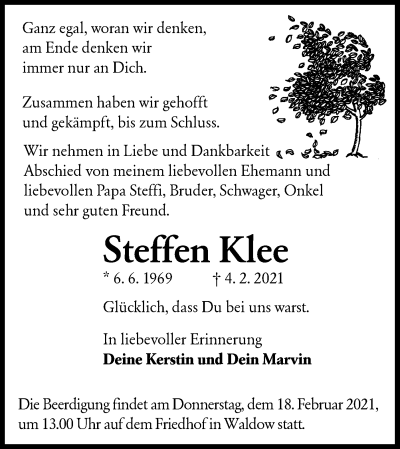  Traueranzeige für Steffen Klee vom 13.02.2021 aus lausitzer_rundschau