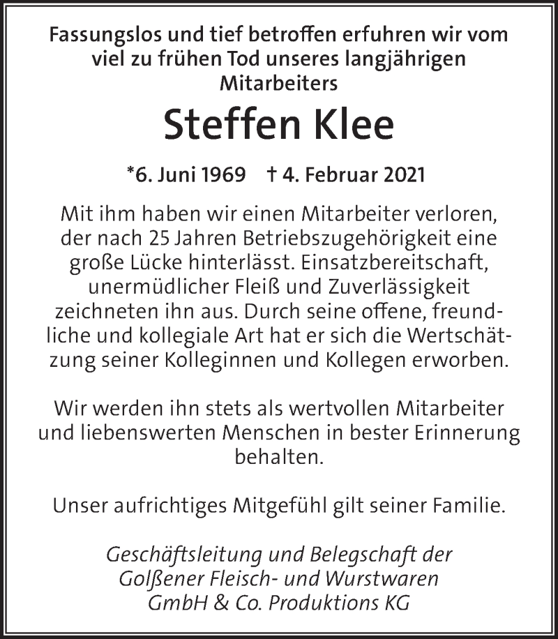  Traueranzeige für Steffen Klee vom 12.02.2021 aus lausitzer_rundschau
