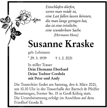 Traueranzeige von Susanne Kraske von lausitzer_rundschau