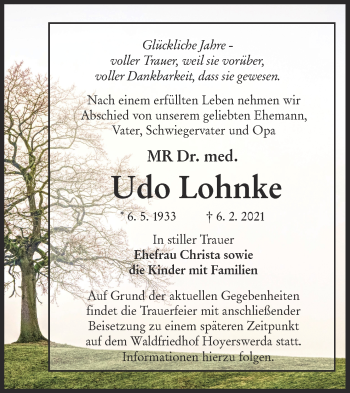 Traueranzeige von Udo Lohnke von lausitzer_rundschau