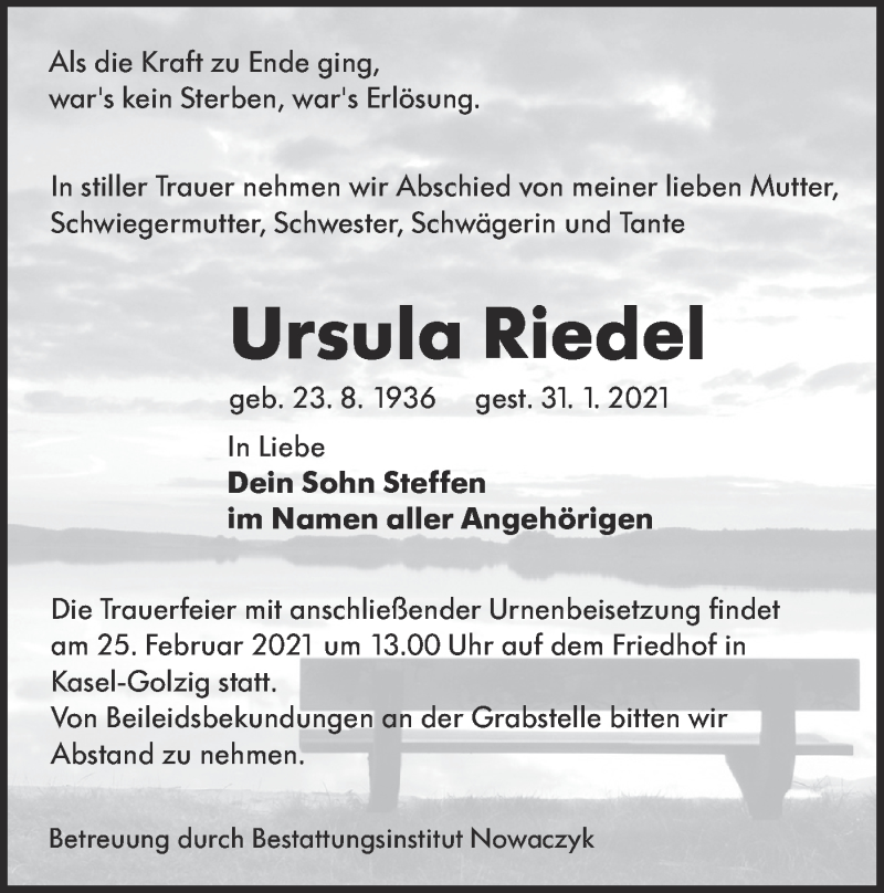  Traueranzeige für Ursula Riedel vom 06.02.2021 aus lausitzer_rundschau
