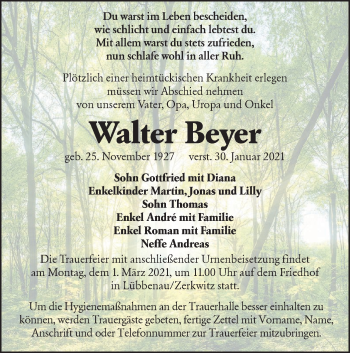 Traueranzeige von Walter Beyer von lausitzer_rundschau