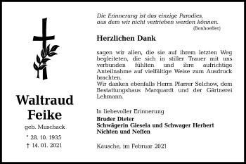 Traueranzeige von Waltraud Feike von lausitzer_rundschau