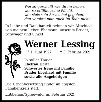 Traueranzeige von Werner Lessing von lausitzer_rundschau