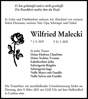 Traueranzeige von Wilfried Malecki von lausitzer_rundschau
