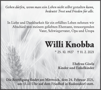 Traueranzeige von Willi Knobba von lausitzer_rundschau