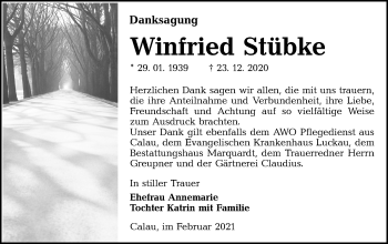 Traueranzeige von Winfried Stübke von lausitzer_rundschau