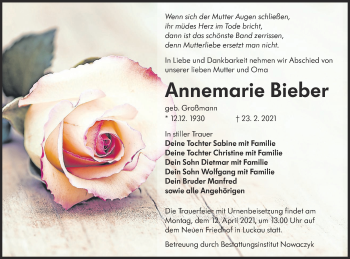 Traueranzeige von Annemarie Bieber von lausitzer_rundschau