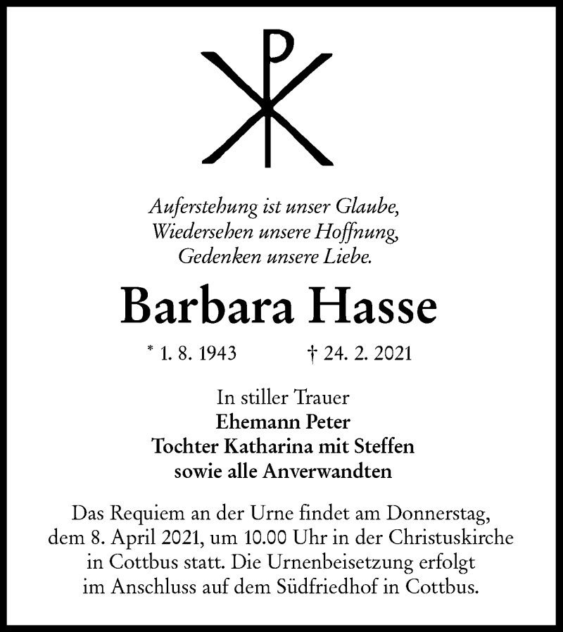  Traueranzeige für Barbara Hasse vom 06.03.2021 aus lausitzer_rundschau