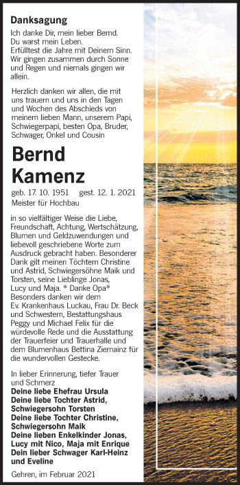 Traueranzeige von Bernd Kamenz von lausitzer_rundschau