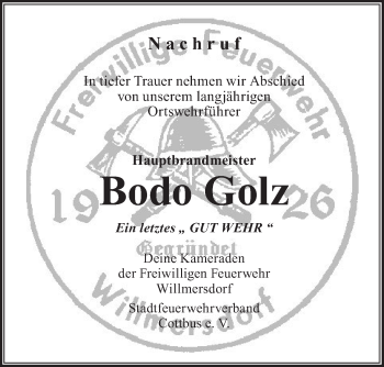 Traueranzeige von Bodo Golz von lausitzer_rundschau