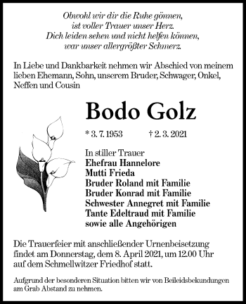 Traueranzeige von Bodo Golz von lausitzer_rundschau
