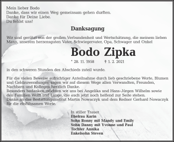 Traueranzeige von Bodo Zipka von lausitzer_rundschau