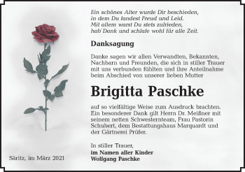 Traueranzeige von Brigitta Paschke von lausitzer_rundschau