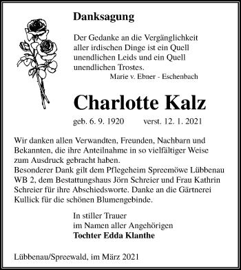 Traueranzeige von Charlotte Kalz von lausitzer_rundschau