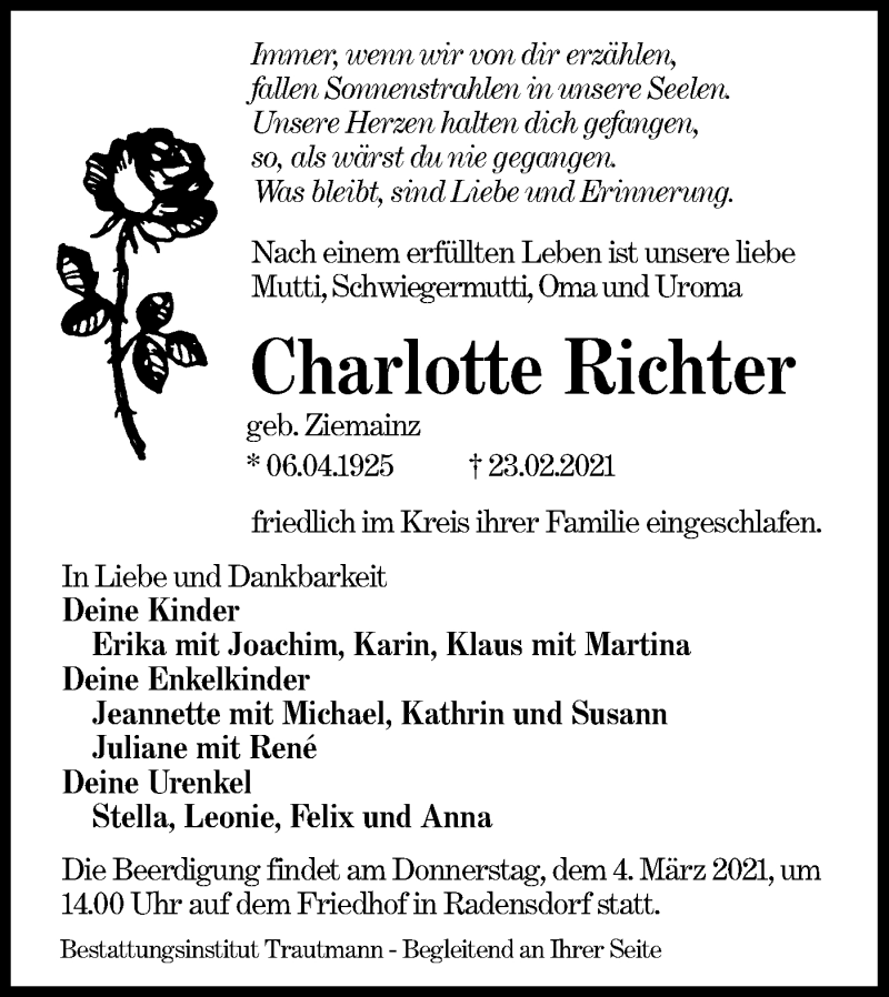  Traueranzeige für Charlotte Richter vom 01.03.2021 aus lausitzer_rundschau