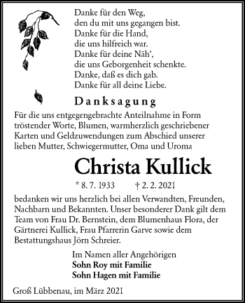 Traueranzeige von Christa Kullick von lausitzer_rundschau