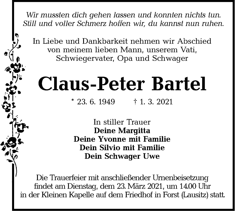  Traueranzeige für Claus-Peter Bartel vom 13.03.2021 aus lausitzer_rundschau
