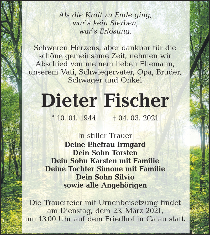 Traueranzeigen Von Dieter Fischer Lr Online Trauer De