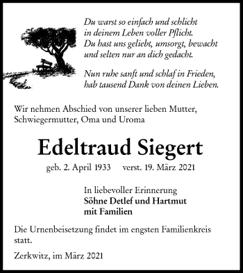 Traueranzeige von Edeltraud Siegert von lausitzer_rundschau