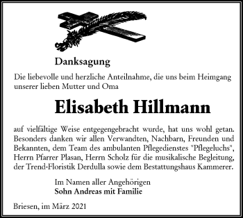 Traueranzeige von Elisabeth Hillmann von lausitzer_rundschau