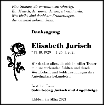 Traueranzeige von Elisabeth Jurisch von lausitzer_rundschau