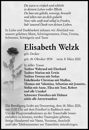 Traueranzeige von Elisabeth Welzk von lausitzer_rundschau