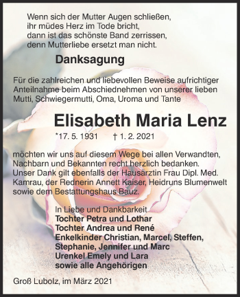 Traueranzeige von Elisabeth Maria Lenz von lausitzer_rundschau