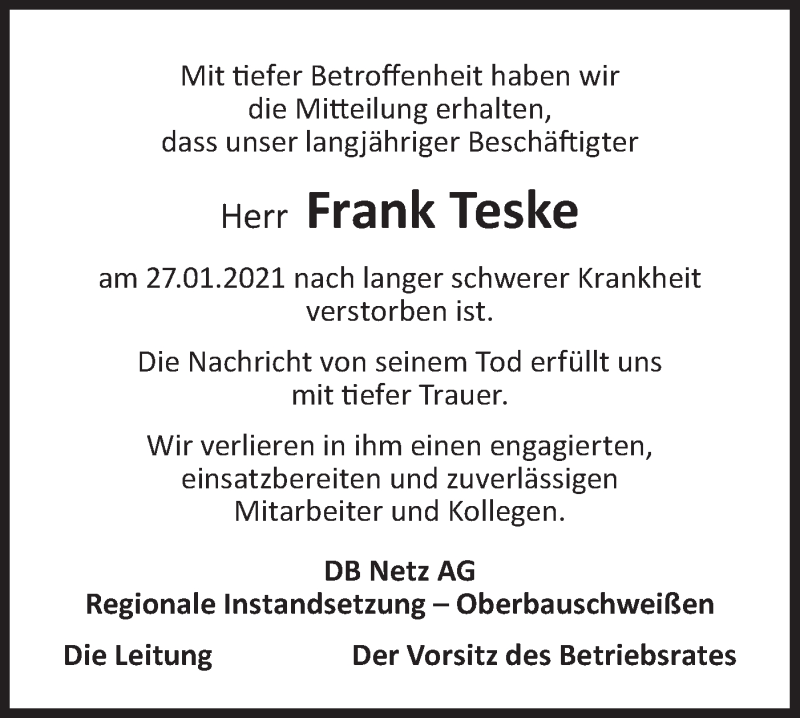  Traueranzeige für Frank Tesk vom 03.03.2021 aus lausitzer_rundschau