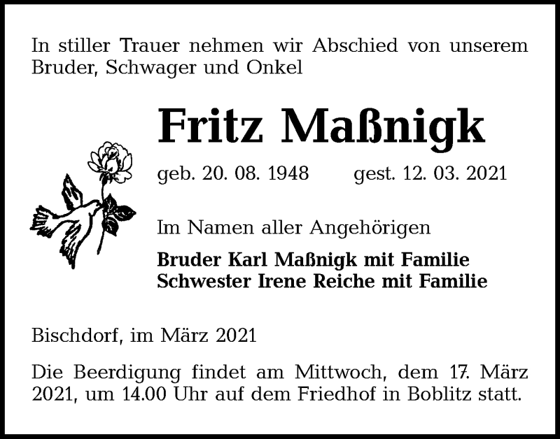  Traueranzeige für Fritz Maßnigk vom 15.03.2021 aus lausitzer_rundschau