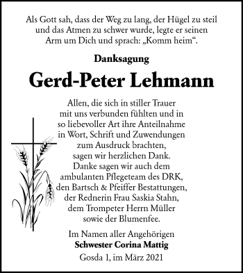 Traueranzeige von Gerd-Peter Lehmann von lausitzer_rundschau