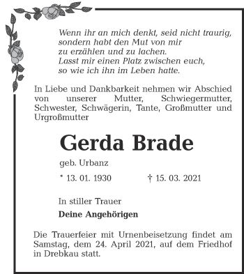 Traueranzeige von Gerda Brade von lausitzer_rundschau