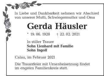 Traueranzeige von Gerda Häusler von lausitzer_rundschau