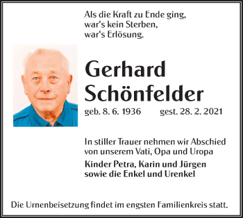 Traueranzeige von Gerhard Schönfelder von lausitzer_rundschau
