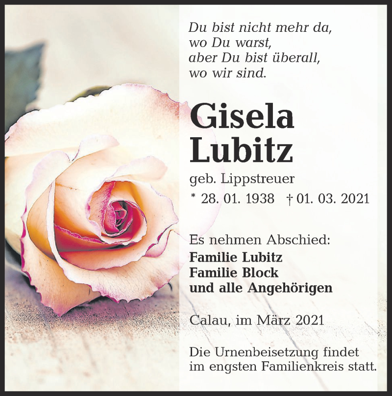  Traueranzeige für Gisela Lubitz vom 13.03.2021 aus lausitzer_rundschau