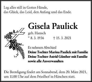 Traueranzeige von Gisela Paulick von lausitzer_rundschau
