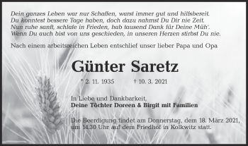 Traueranzeige von Günter Saretz von lausitzer_rundschau