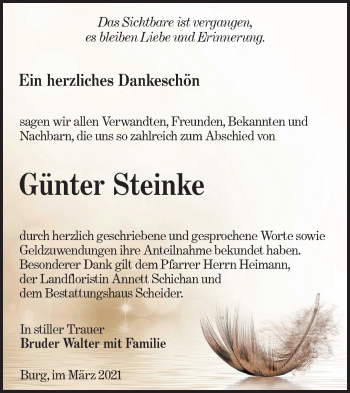 Traueranzeige von Günter Steinke von lausitzer_rundschau