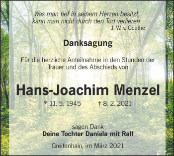 Traueranzeige von Hans-Joachim Menzel von lausitzer_rundschau