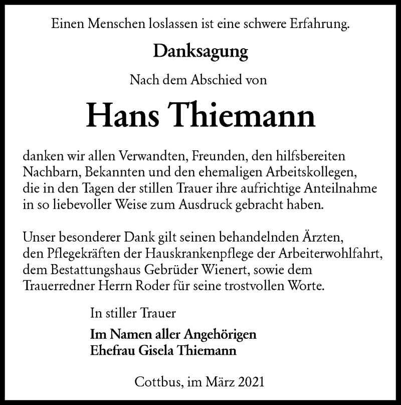  Traueranzeige für Hans Thiemann vom 13.03.2021 aus lausitzer_rundschau