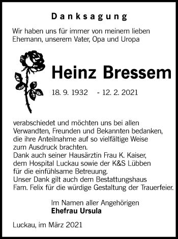 Traueranzeige von Heinz Bressem von lausitzer_rundschau