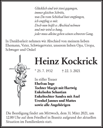 Traueranzeige von Heinz Kockrick von lausitzer_rundschau
