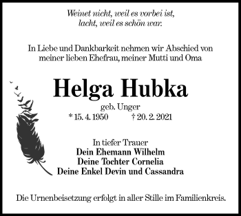 Traueranzeige von Helga Hubka von lausitzer_rundschau