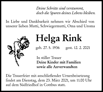 Traueranzeige von Helga Rink von lausitzer_rundschau