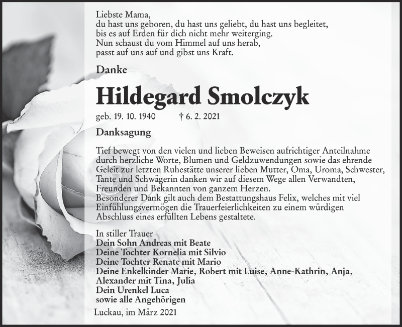  Traueranzeige für Hildegard Smolczyk vom 20.03.2021 aus lausitzer_rundschau